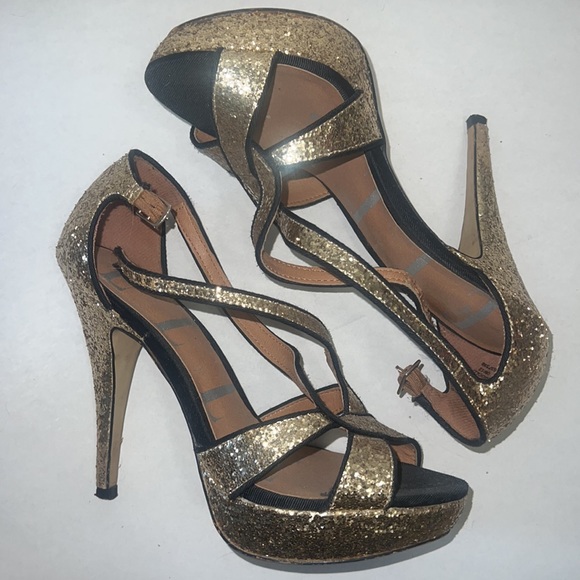 EUC Gold Glitter 5” Open Toe Stilettos by Elle - Picture 2 of 7